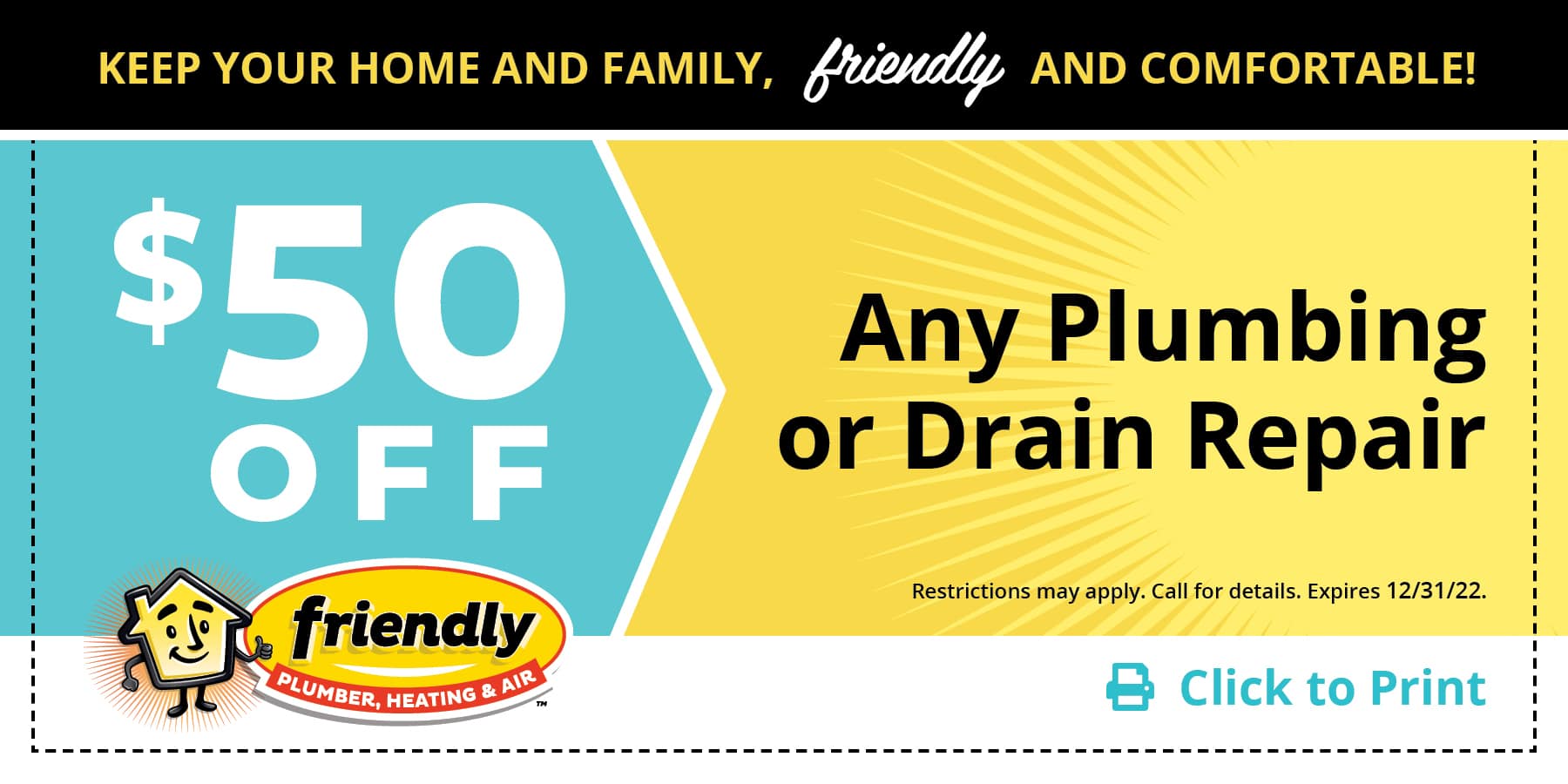 50 dollars off plumbing or drain repair.
